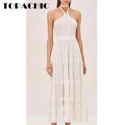 8.7 TOPACHIC Women Elegant Sexy Backless Lace-up Halter Collect Waist Midi Dress Or V-Neck Long Sleeve Knit Cardigan Set