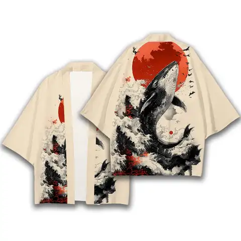 Japanese Traditional All-over Print Kimono Harajuku Casual Vacation Beach Cardigan Yukata Tiger Koi Whale Animal Print Clothes