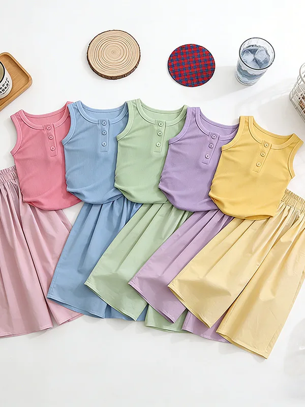 

Girls Color Casual Loose Sleeveless Two-Piece Set High Waist Long Pants round Neck Vest Comfortable Breathable Summer O...