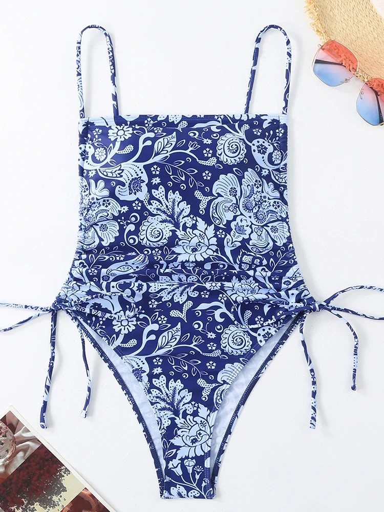 Beach Backless Lace Up Swimwears Bikinis Women 2025 New Summer One Piece Swimwears Sexy High Waist Print One Piece Swimwears