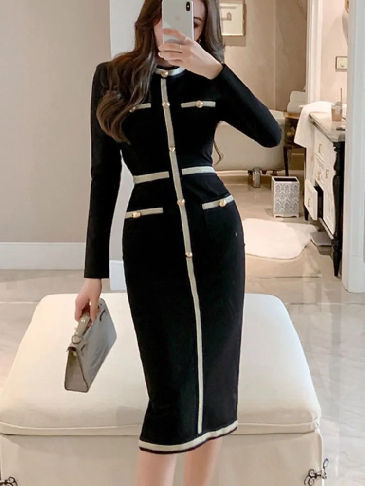 Fall Winter New High-end Luxury Women Casual Long Sleeve Corset Wrap Elegant Long Dress Ladies Pocket Design Vintage Black Dress