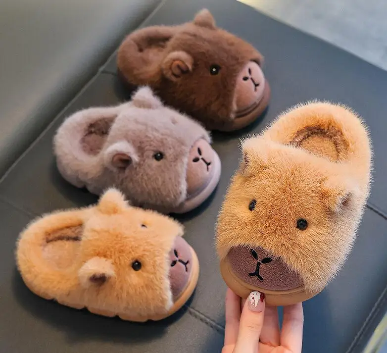 Capybara Kinder Hausschuhe Niedliche Flauschige Winter 2025, Indoor Hause Baumwolle Schuhe Frau Warme Bequeme Cartoon Plüsch Boden Schuhe – Detail 2