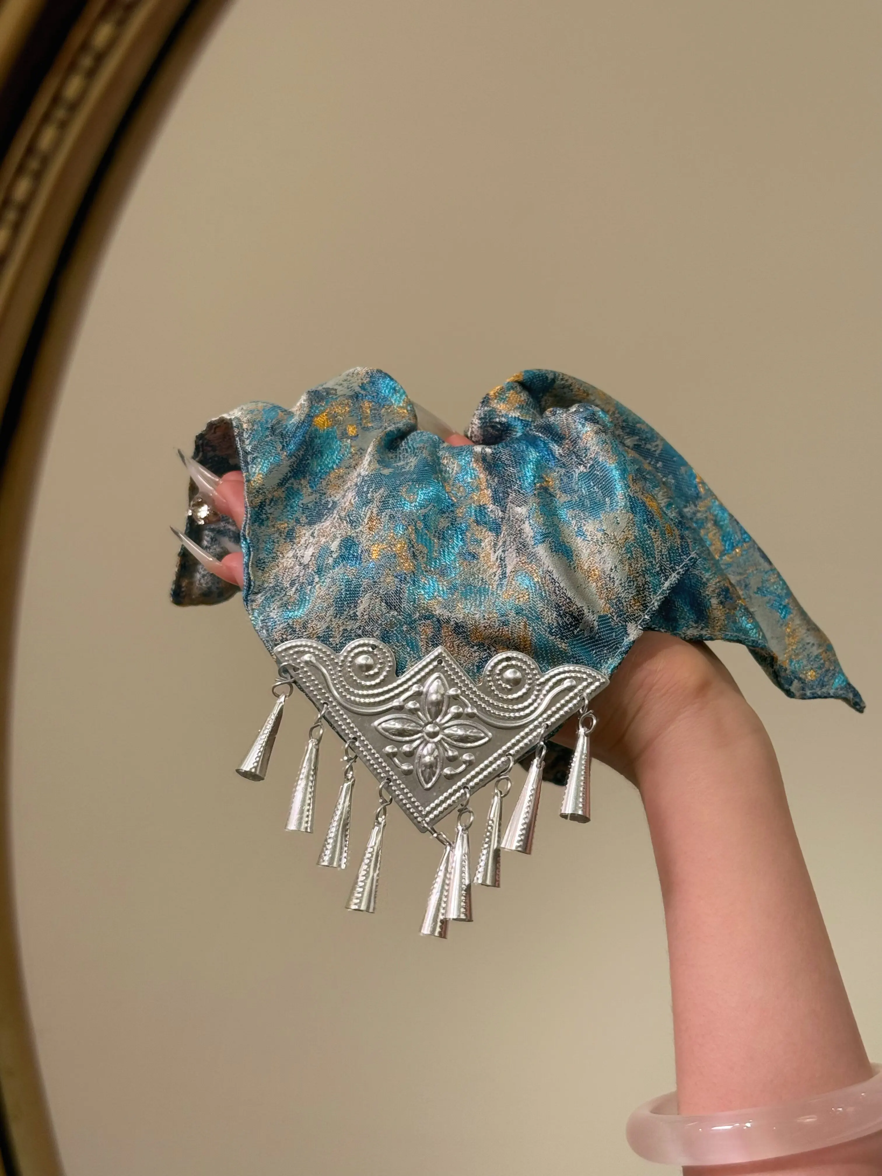 Handmade Peacock Blue Gold Brocade Silver Tassel Scrunchie New Chinese Miao Style Hair Loop Ponytail Holder For Women 2026 Hanfu