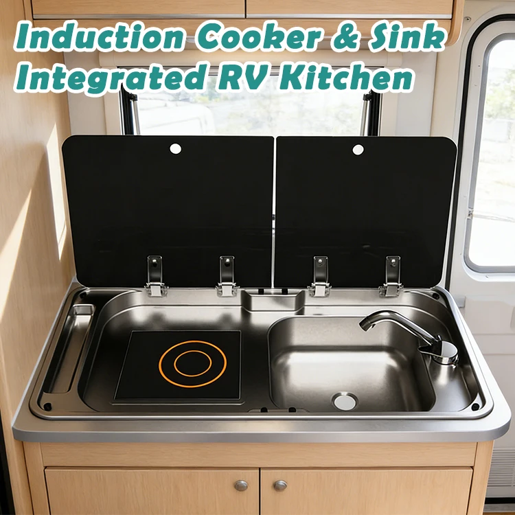 JDA Black Nano-Coated SS304 RV Sink With Induction Cooker Stove, Durable Corrosion, Caravan Camper & Motorhome Use