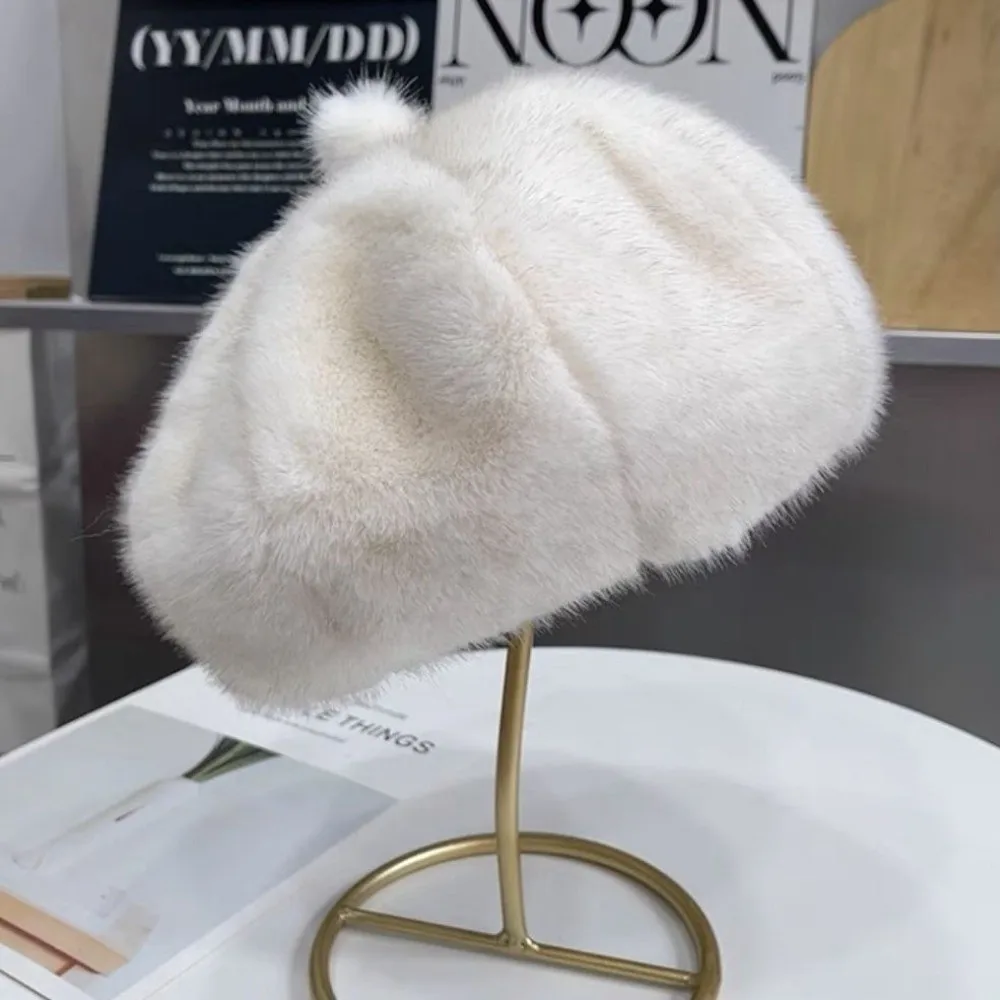 

Sweet Faux Mink Fur Beret Hat Soft French Artist Painter Hat Thicken Winter Warm Furry Beanies Hat