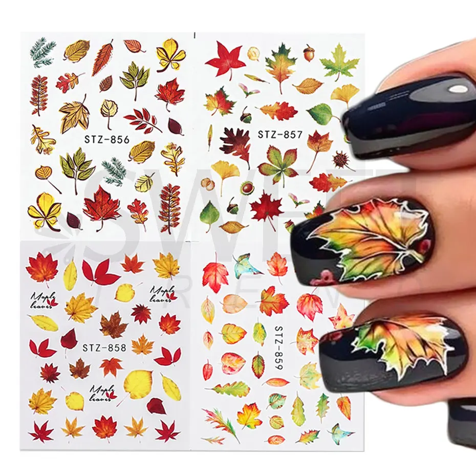 4pcs Autumn Nail Stickers Fall Maple Leaf Halloween Water Transfer Manicure Decals Foil Slider Nail Art Accessories BESTZ856-859