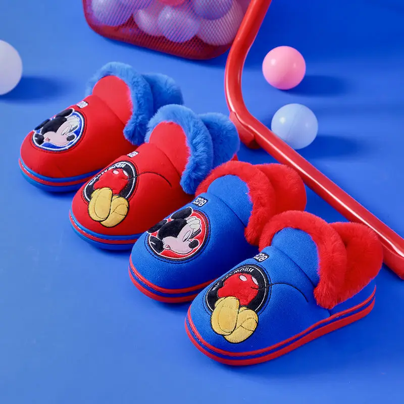 Disney Home Shoes Slipper For Childrens Mickey Mouse Winter Warm Cotton Red Blue Non-slip Indoor Shoes For Kids Size 15-18cm