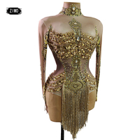 gold Rhinestone crystal Bodysuit Women Big Stretch tassel club Prom Stage Singer dance fringe Team Leotard drag queen costumes