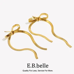 E.B.belle Blade Chain Bow Drop Earrings Tarnish Free 316L Stainless Steel Women's Earrings 18K Gold Plated Decoration