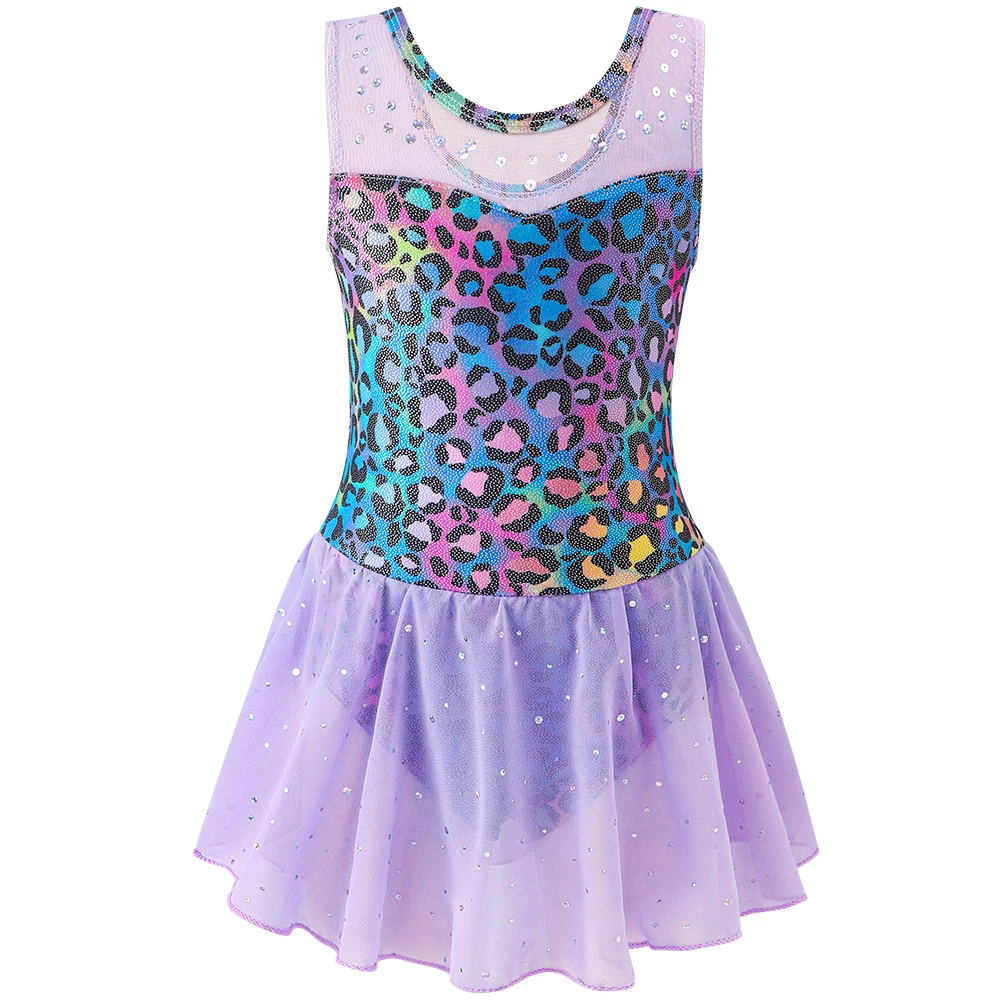 Einteiliges Tanzkleid mit Leopardenmuster für Mädchen, glitzernde Balletttrikots für Kinder, ärmelloses Mesh-Gymnastik-Outfit, Ballerina-Kostüm