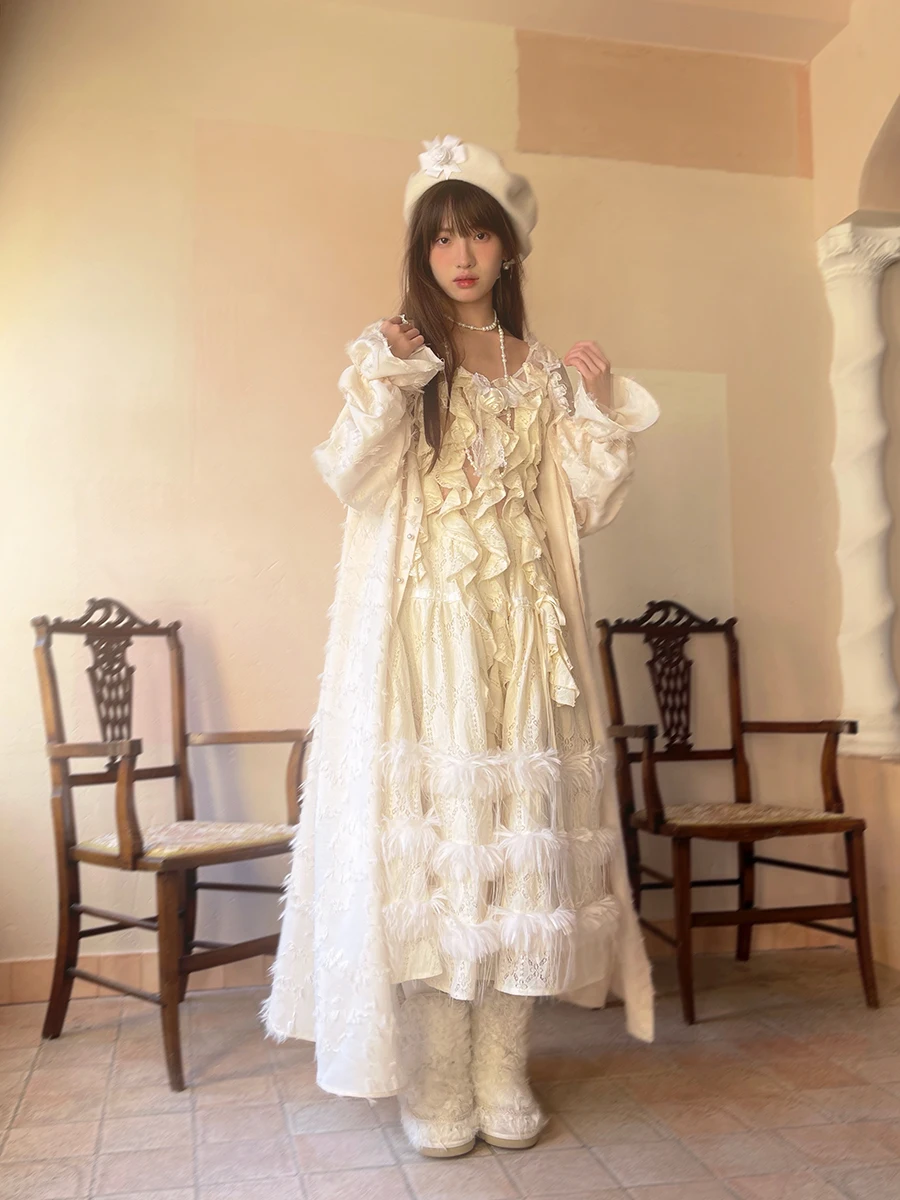 White Round Neck Long Sleeve Thin Exquisite Shirt Girl Spring Summer Irregular Sweet Ruffles Tassels Skin-penetrating Fabric Top