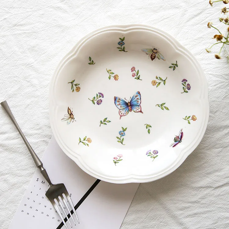 Vintage Gilt Garden Butterfly Ceramic Dinner Plate, Rice Salad Soup Bowl, Dessert Plate Spoon, Korean Dinnerware Set, Crockery