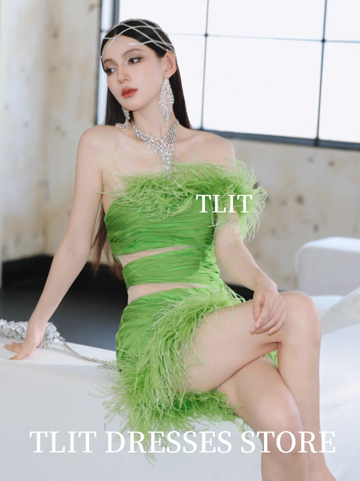 Tlit elegante grama verde sereia vestido de noite coreia vestido de casamento sessão de fotos sem alças penas vestidos de baile personalizados