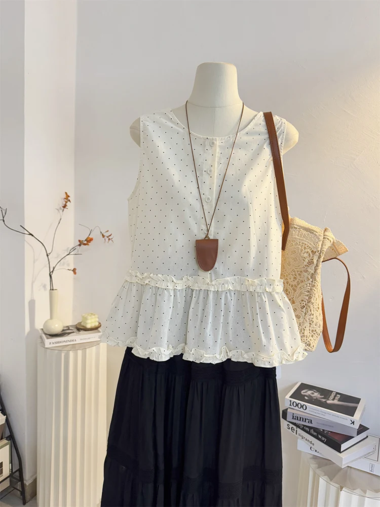 

Korean Sle round Ne Svel Polka Dot irt Women's Summer Two-Way Wear Wooden Ear Vest Doll irt Small irt Top