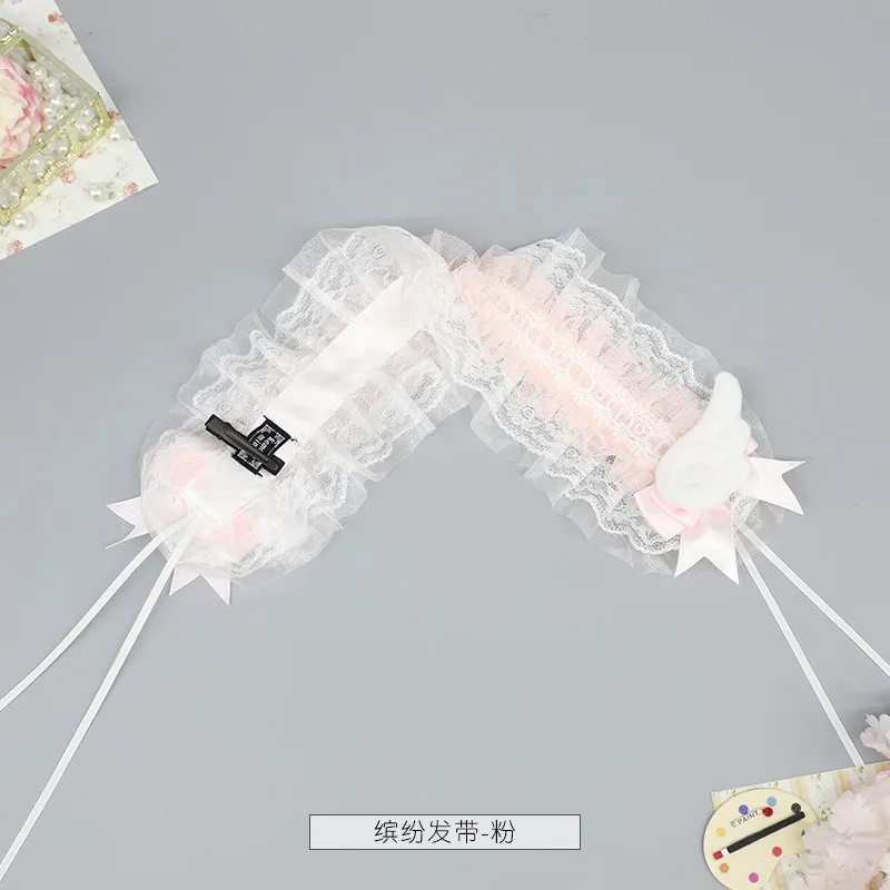 천사의 날개 로리타 스위트 여성 머리띠 대비 색 프릴 레이스 리본 활 헤어 밴드 헤어핀 애니메이션 메이드 머리 장식