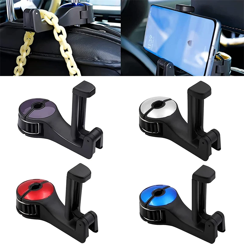 

4Pcs Car Seat Hooks with Phone Holder 360° Rotation Universal 2 in 1 Car Hidden Headrest Hook for Bag Purse Grocery Backpack