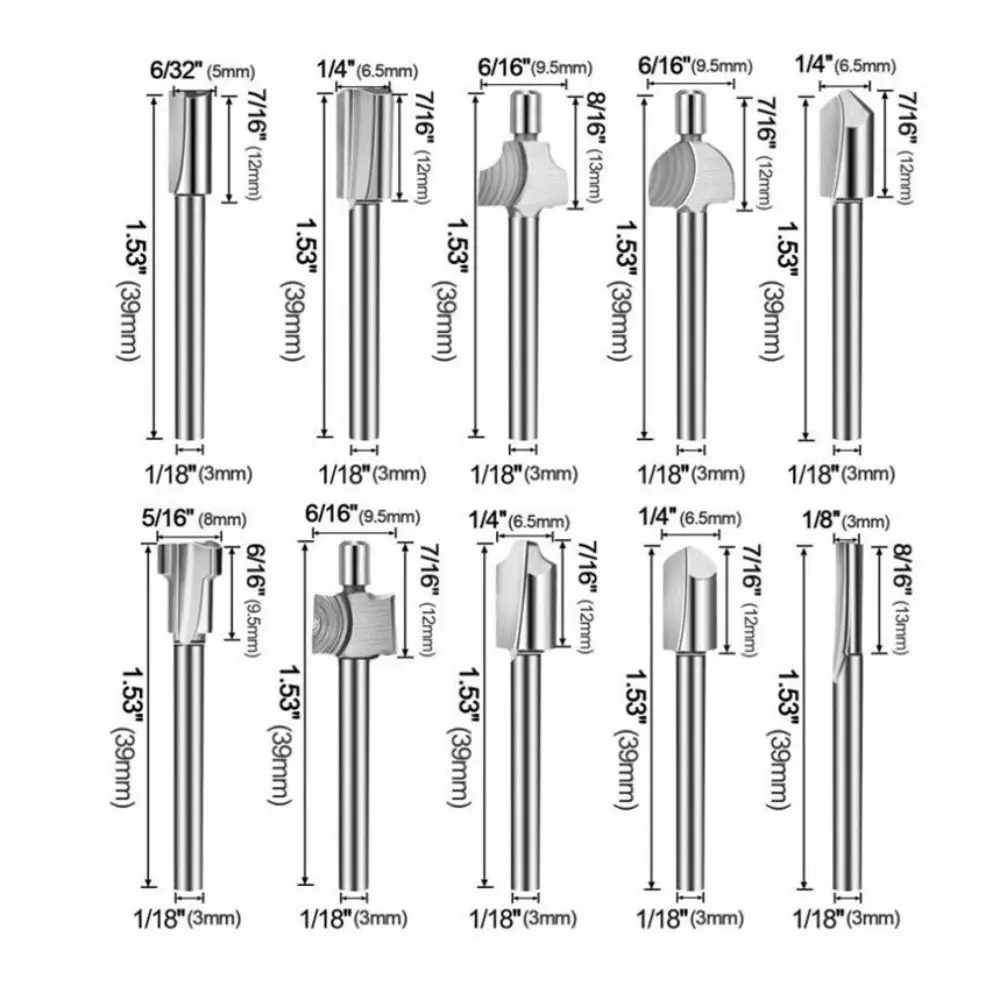 10Pcs Portable HSS Router Bits Rotary Tool Set DIY Wood Cutter Milling Professional 1/8" 3mm Shank Drill Bit for Dremel