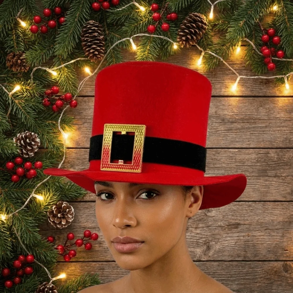 Sombrero de Navidad Rojo de Moda, Sombrero de Papá Noel Plegable con Cinturón Negro, Sombrero Alto con Botón Dorado, Sombrero de Vaquero para Fiesta