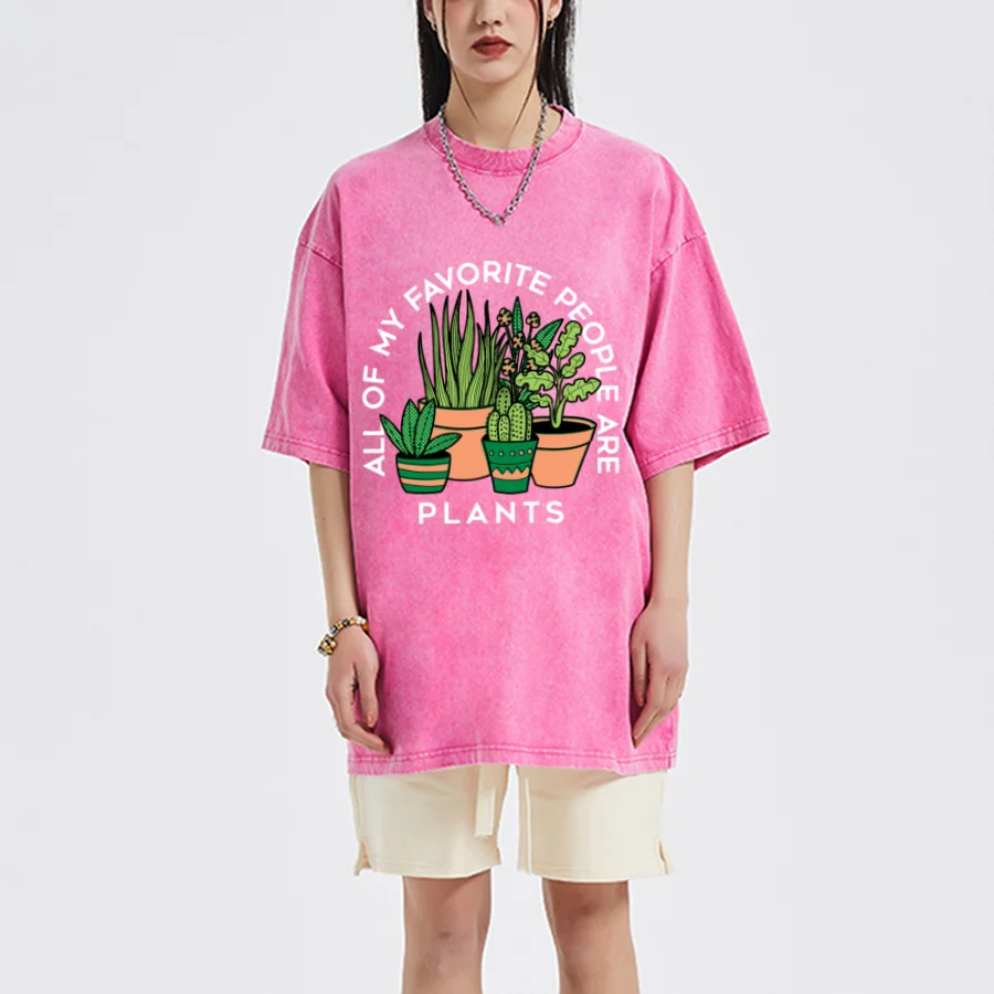 

Cartoon Plant Potted Print Women's T-Shirt Unisex Oversized Wash Vintage Distressed Style Short Sleeve Fashion Hip Hop Top