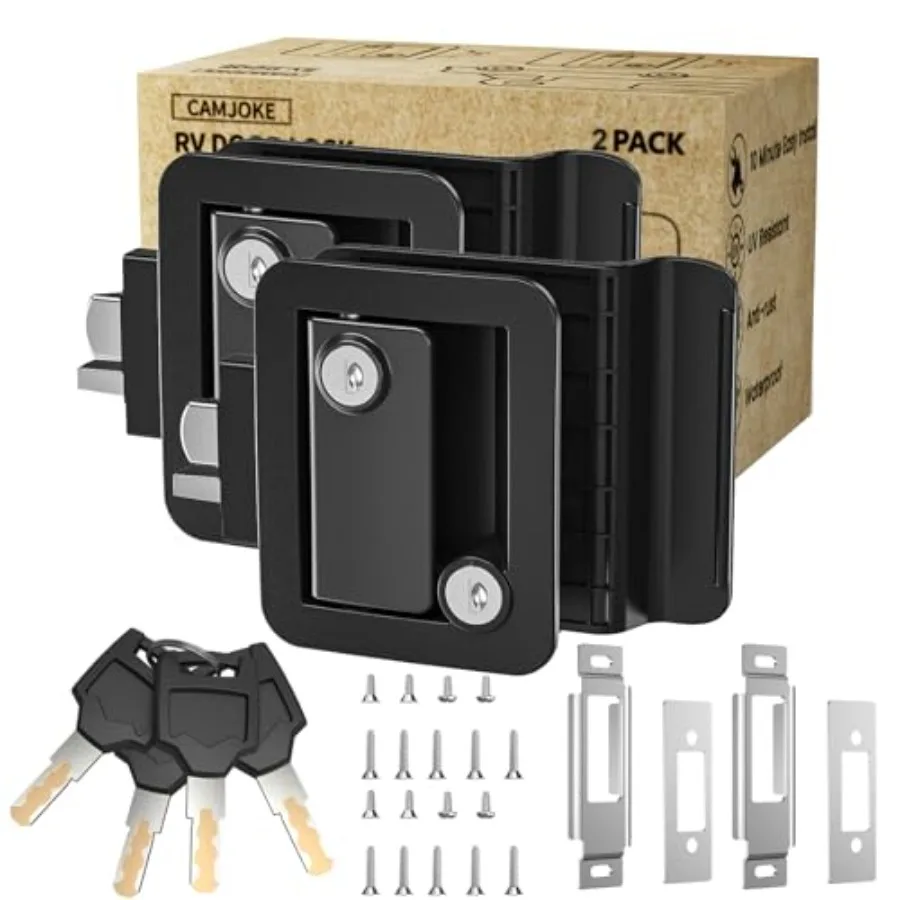 

RV door lock replacement for camper use, 100 metal construction, black finish, heavy-duty paddle deadbolt with precise fit for