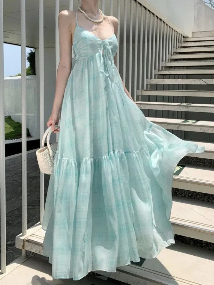 

2024 Summer New Sexy Open Back Bow Hanging Neck Strap Dress for Women's Beach Vacation Fairy Style Long Dress