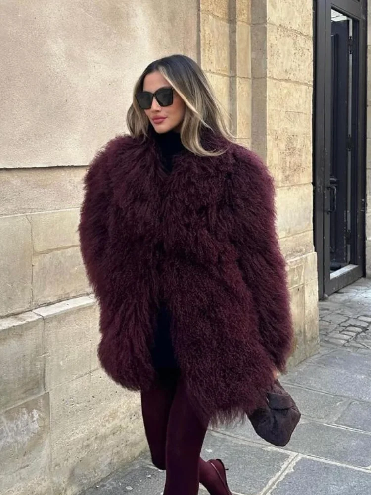 Women\'s Fashion Wine Red Furry Faux Fur Warm Coat 2024 New Thicken Fluffy Plush Loose Trendy Jacket Winter Chic Lady Outerwear