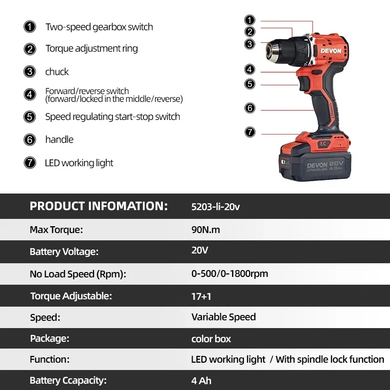 Devon 90N.m 13MM 17+1 Torque Brushless Electric Impact Drill Cordless Electric Screwdriver DIY Power Tool For 20V 4Ah Battery