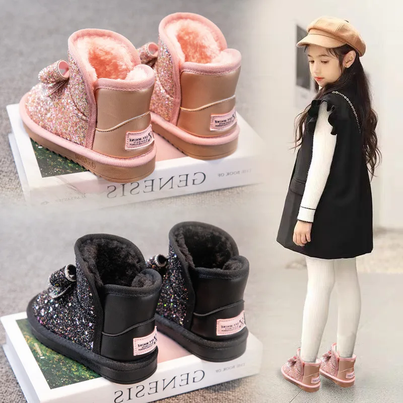 Winter Kids Bow Cotton Shoes Warm Outdoor Wear Girls Snow Boots Fleece Lining Rhinestones Baby Girls Cute Warm Boots Non-slip