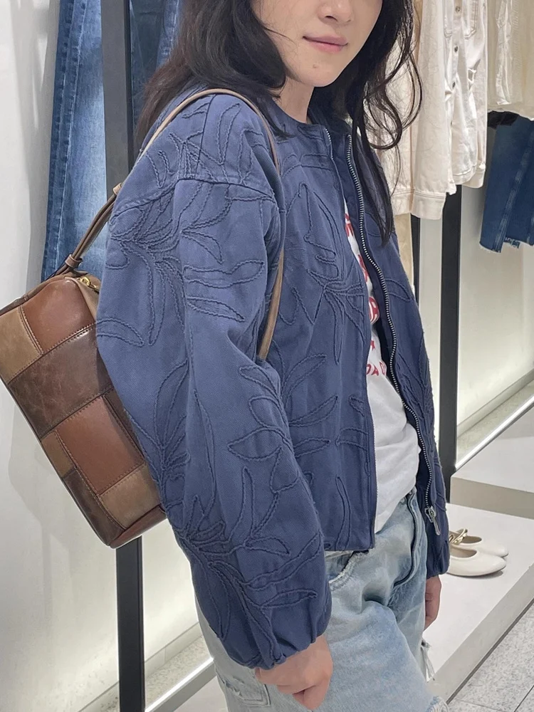 

Синяя американская верхняя одежда на молнии с тяжелой вышивкой Long Sve round Ne Jaet для женщин, осень 2021, полиэфирное волокно