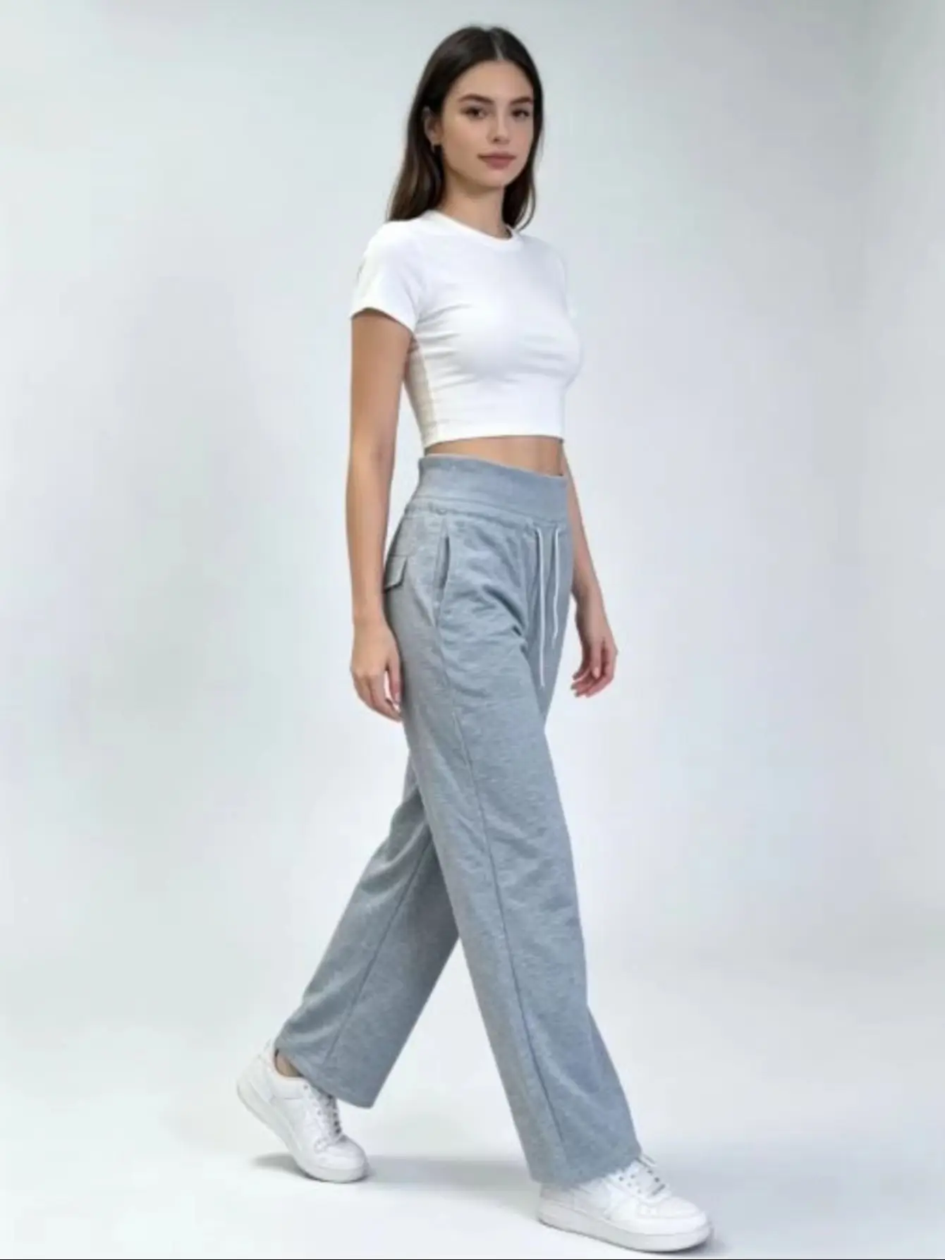 Damen-Sweatpants mit hoher Taille, weitem Bein und Kordelzug, in Grau meliert, weiche Stretch-Cargohose mit Taschen, Lounge-Hose – Detail 2