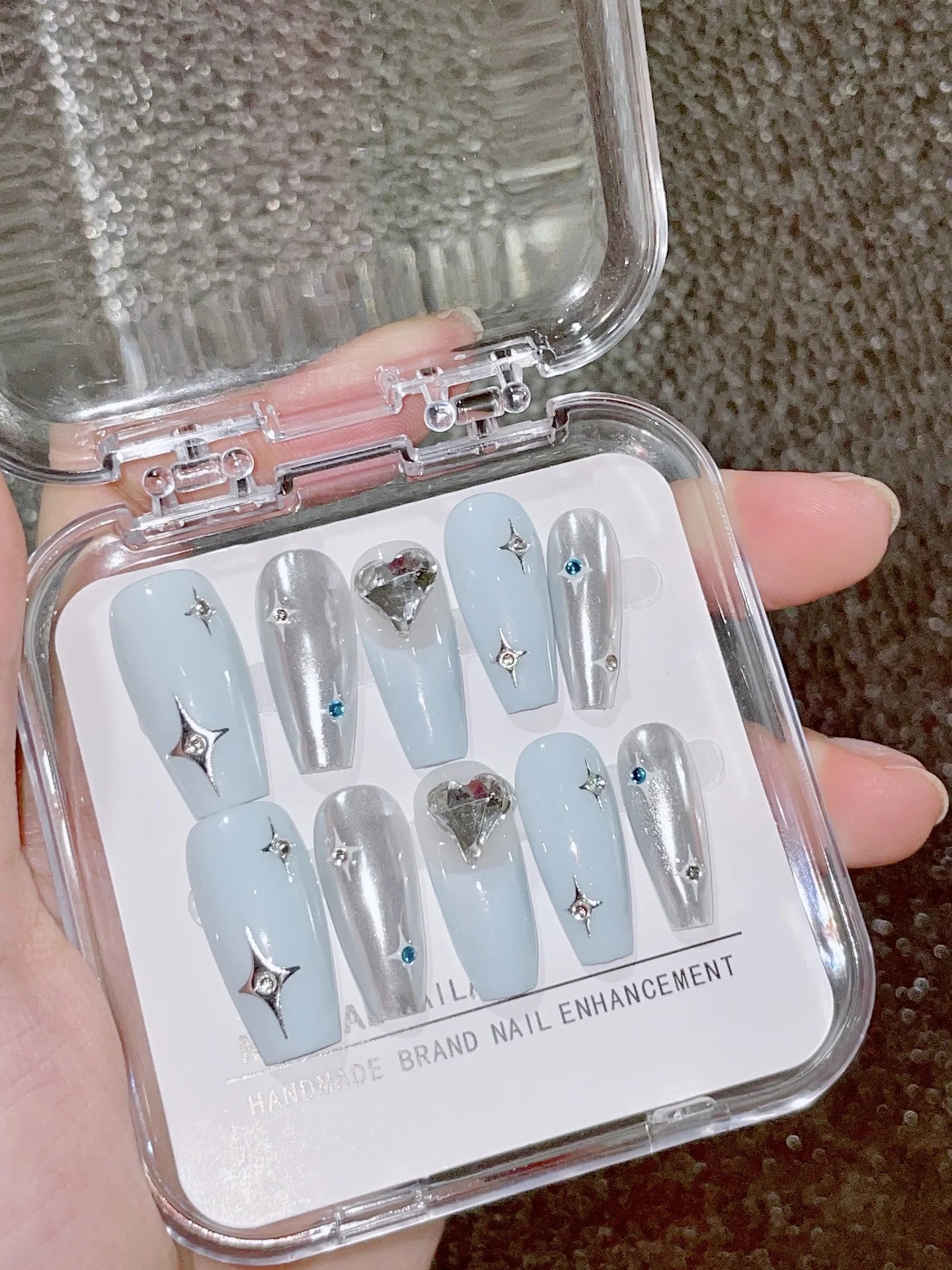 

10 шт., серебристо-синие накладные ногти ручной работы с блестящим дизайном, многоразовые накладные ногти с клеем, накладные ногти, дизайн ногтей