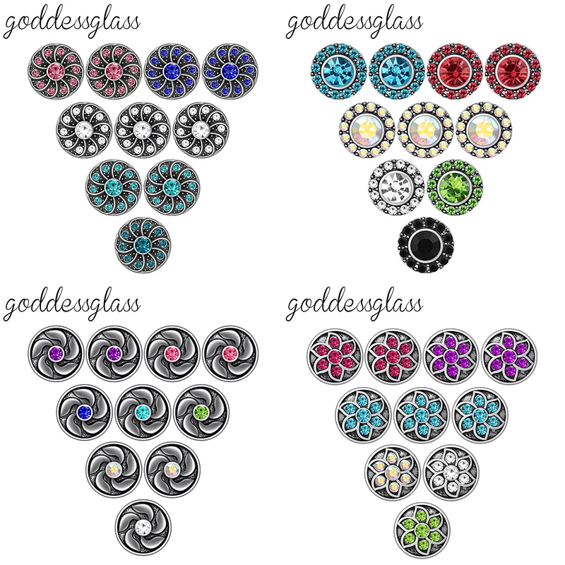 New beauty rhinestone colorful Round Rotational Crystal Metal 10pcs mixed 12mm snap buttons for DIY snap pendants jewelry