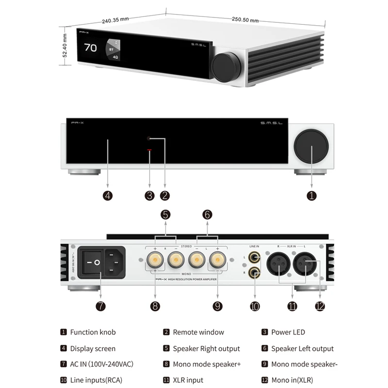 SMSL PA-X Amplificador de potência de nitreto de gálio HIFI Amplificador de áudio digital de dois canais Suporte de potência pura Modo mono 8Ω infineon PAX