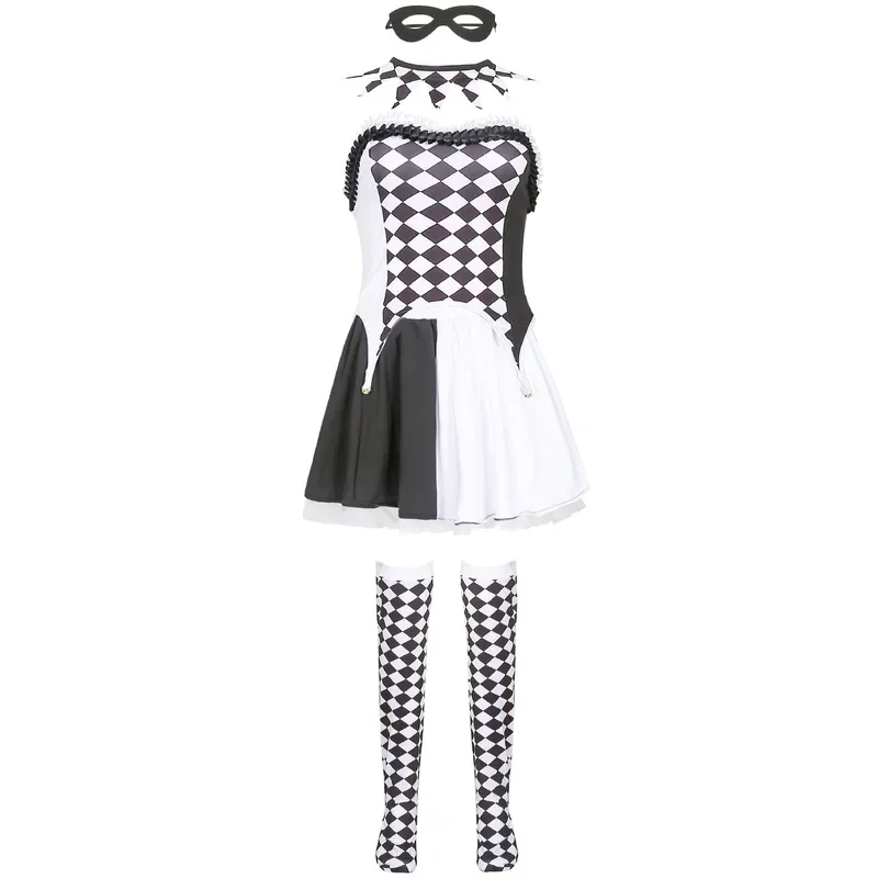S-XL Checkered Clown Costume Devil Costume Black and White Witch Kuira Ghost Bride Halloween Costume Performance Costume