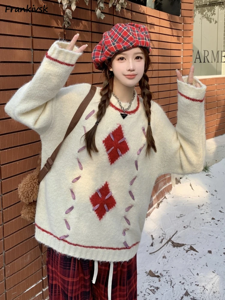 

Argyle Sweaters Women Sweet Autumn Winter Christmas Baggy Panelled New Year Cute Schoolgirl American Style Simple All-match Chic