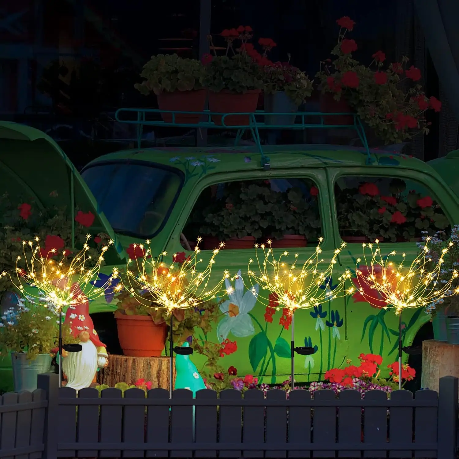 4 عبوات من مصابيح الطاقة الشمسية الخارجية المقاومة للماء مع 120 خرزة وميض LED - سلك نحاسي قابل للانحناء لتزيين ساحة P