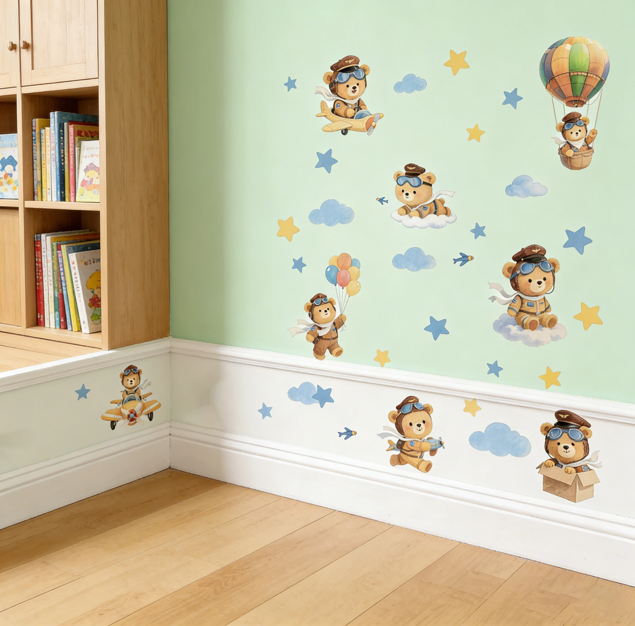 Teddy Bear Pilot Hot Air Balloon Paper Plane Balloon Cartoon Decor Stickers for Children's Room Wall Art Kids Bedroom Decoration