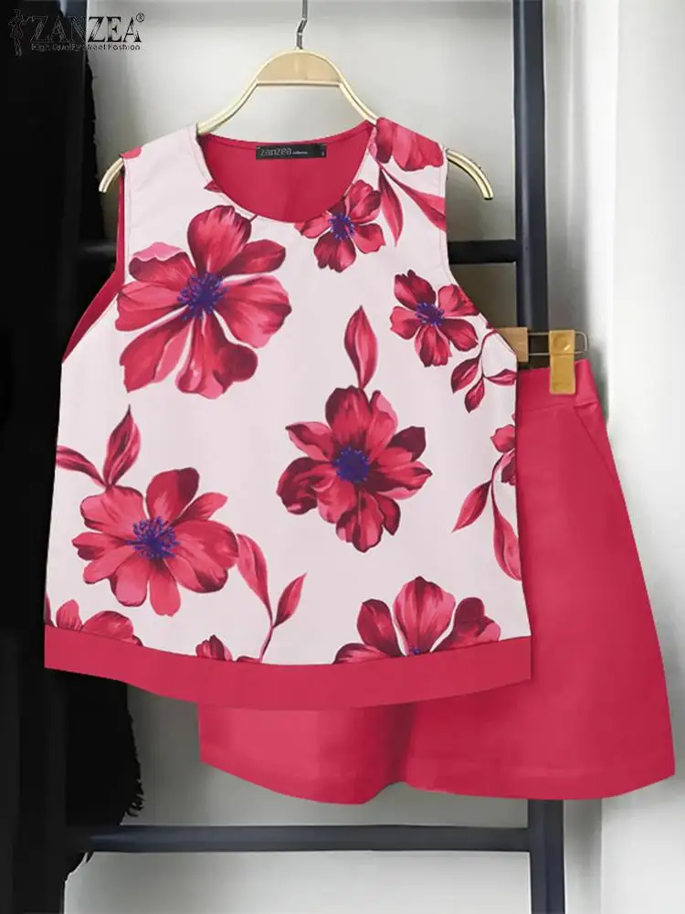 

ZANZEA Women Fashion Casual Pants Sets 2024 Summer Bohemian Sleeveless Floral Tanks Tops Short Sets Holiday Beach 2PCS Outfits