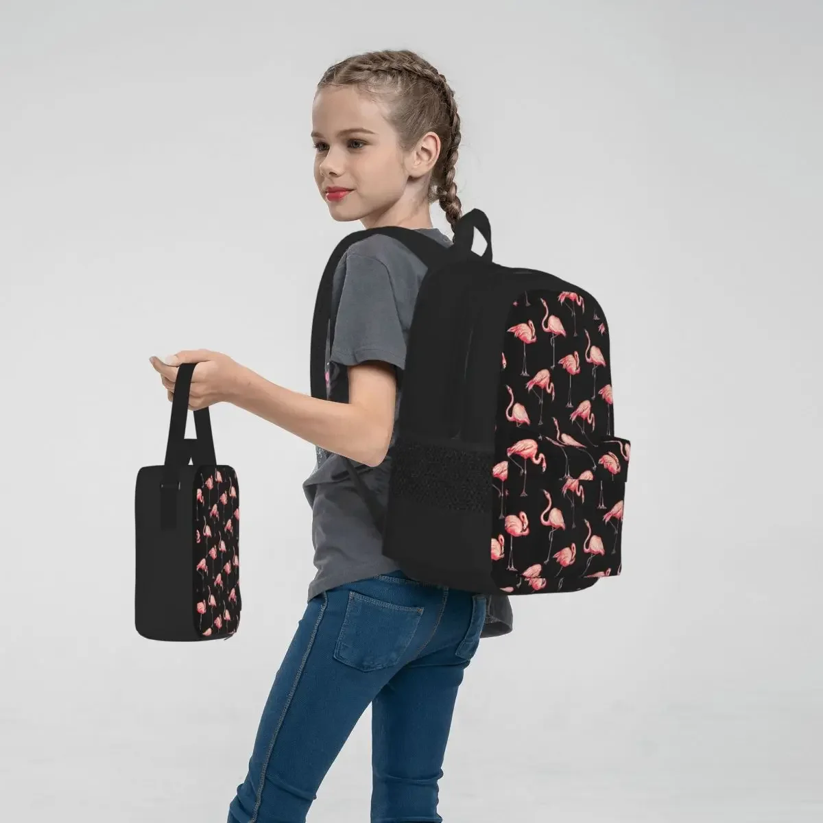 Sacs à dos noirs à motif flamant rose pour enfants, cartable pour garçons et filles, sacs d'école pour enfants, sac à dos de dessin animé pour enfants, sac à lunch, sac à stylos, ensemble de 3 pièces