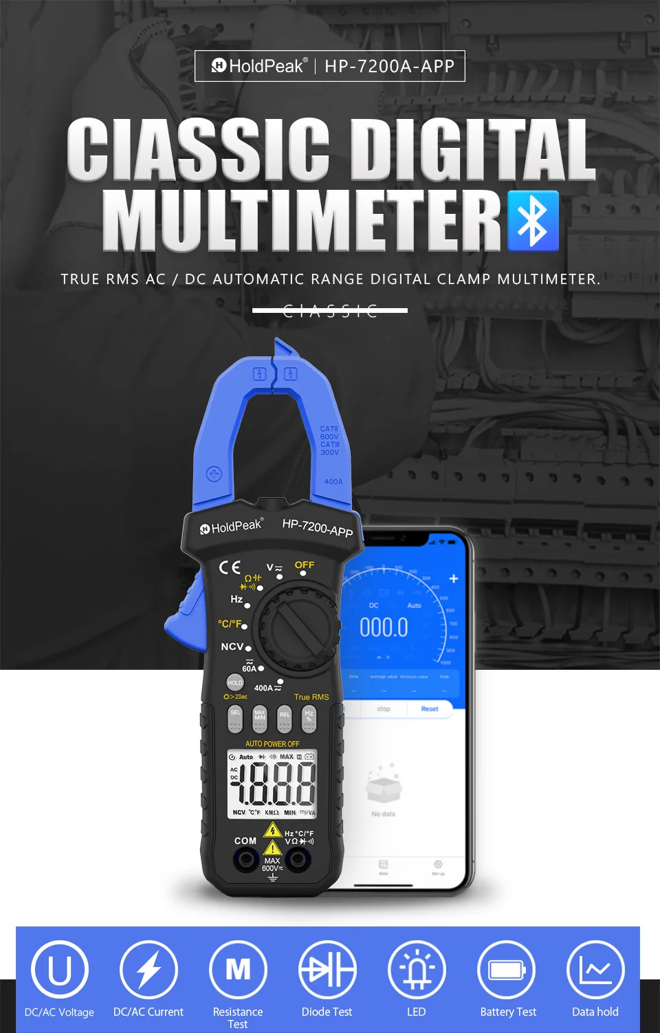Digital Clamp Multimeter 6000 Counts True RMS AC DC 400A 600V Bluetooth Meter NCV Capacitance Temperature Frequency