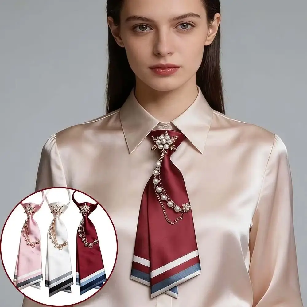Smooth Satin Material Beaded Floral Tie No-Sew Design Pearl Chain Decoration Double-Layer Necktie Elastic Striped Decorative