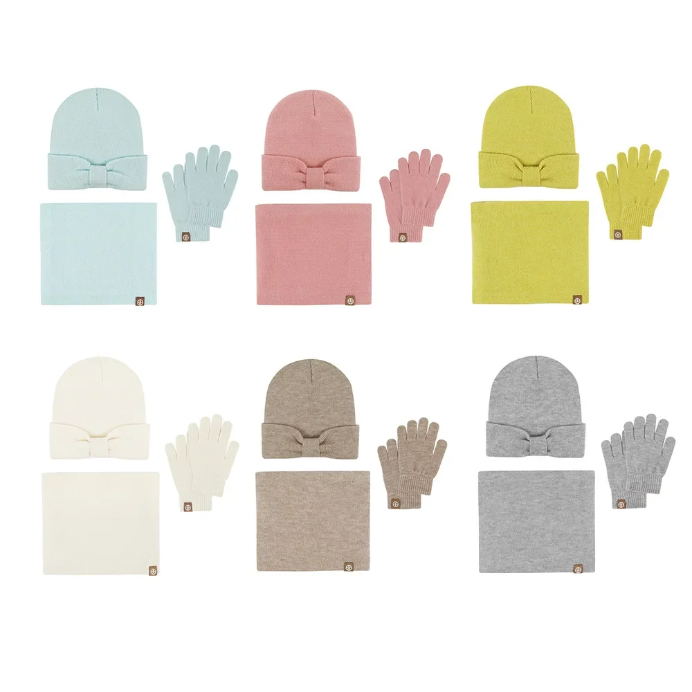 3pcs Set Baby Children Winter Hat Scarf Glove Solid Color Knit Beanies Snood Neck Warm Girls Boy Winter Cap Set 1-5Years