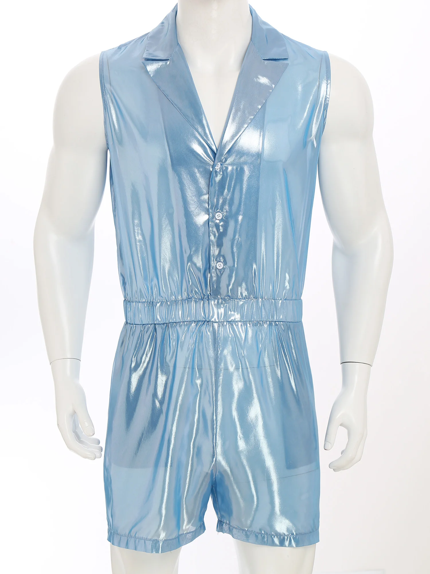 Mens Sheer Shiny Metallic Chiffon Jumpsuit Lapel Collar Sleeveless Elastic Waist Bodysuit for Nightclub Disco Dance Raves Party