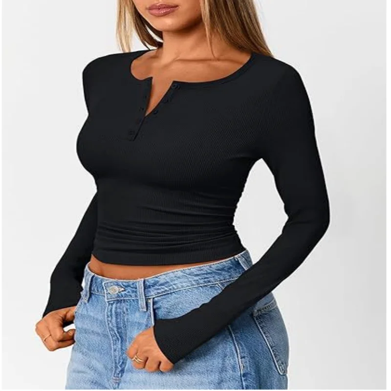 Frauen Herbst Frühling Top O Neck Button Langarm Shirts Einfarbig Slim Fit Pullover T-shirt Bluse Einfache Stil Dame Kostüm – Detail 4