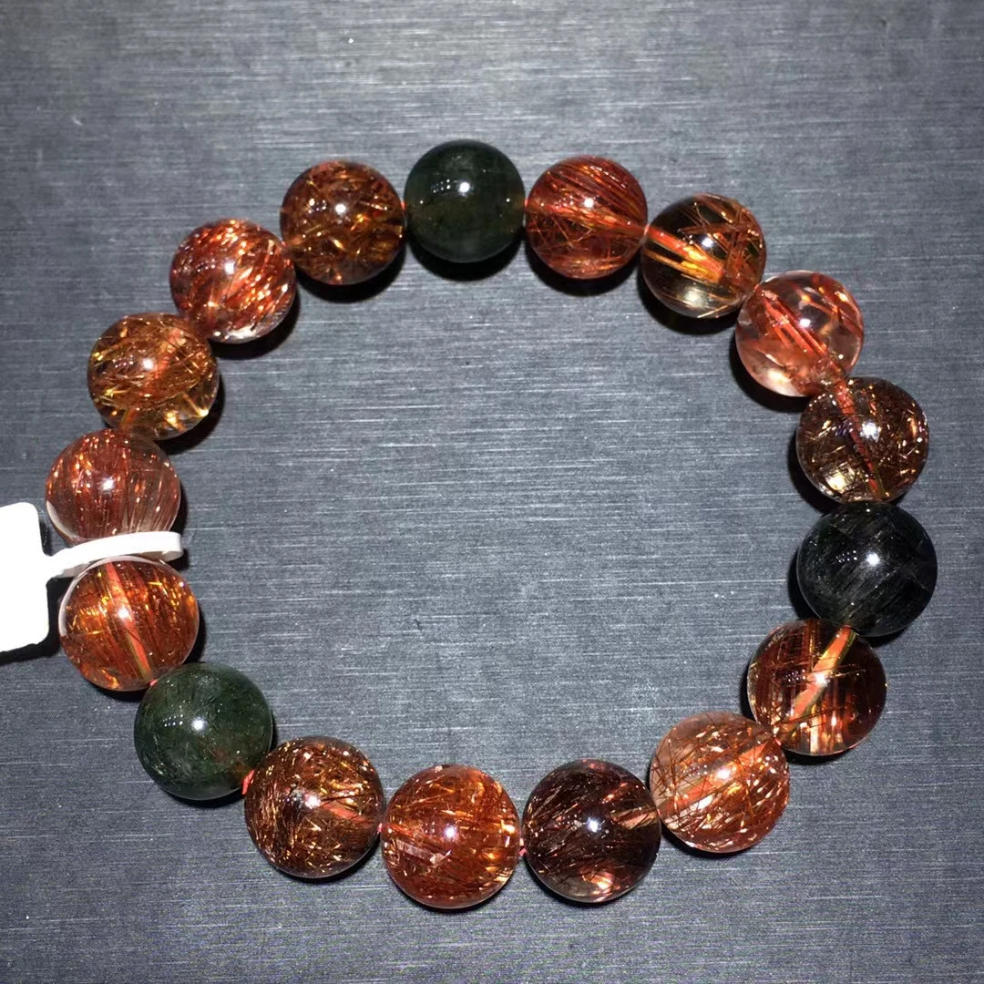 

Natural Copper Green Rutilated Quartz Beads Bracelet Crystal Round Beads 13.5mm Women Man Bracelet Genuine AAAAA