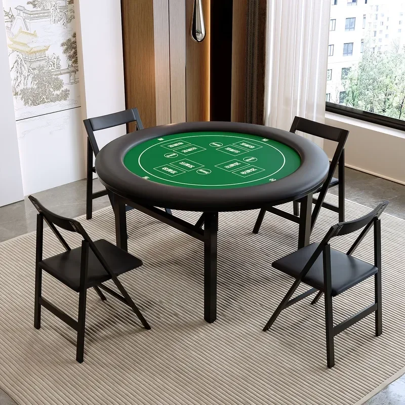Folding Round Chess and Card Table with Iron Legs Portable Mahjong Game Table Leather Soft Surface Foldable Playing Card