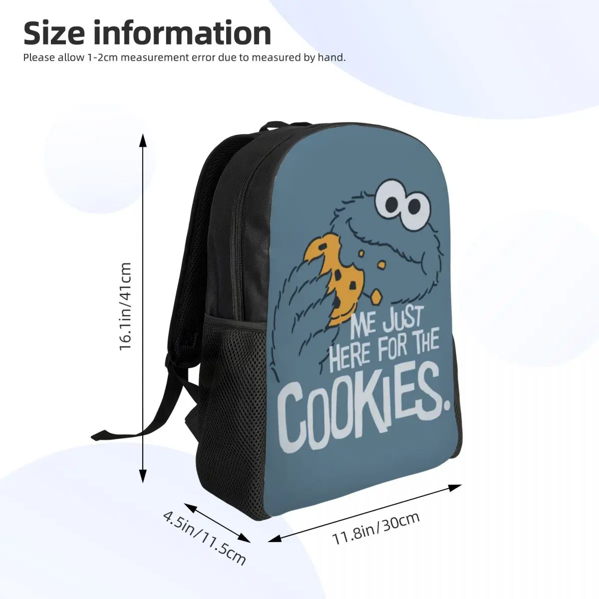 Zaini personalizzati con stampa 3D Cookie Monster Cartoon Sesame Street College School borse da viaggio Bookbag adatto a Laptop da 15 pollici