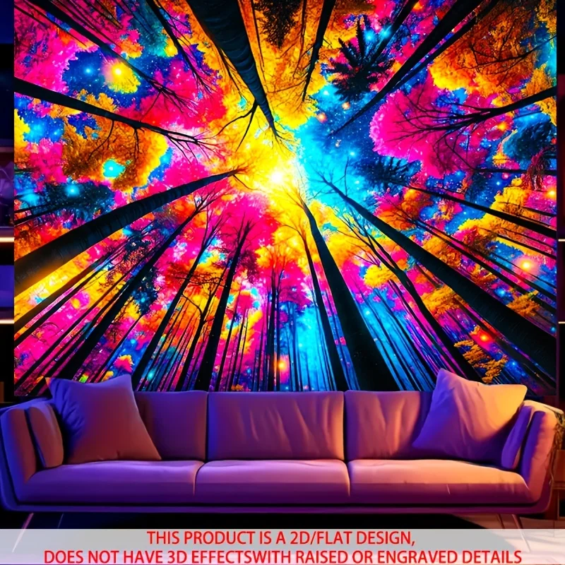 

"Psychedelic Forest Tapestry, Colorful Tree Canopy Wall Hanging, Neon Nature Art for Room Decor, Vibrant Sky & Trees Boho Style