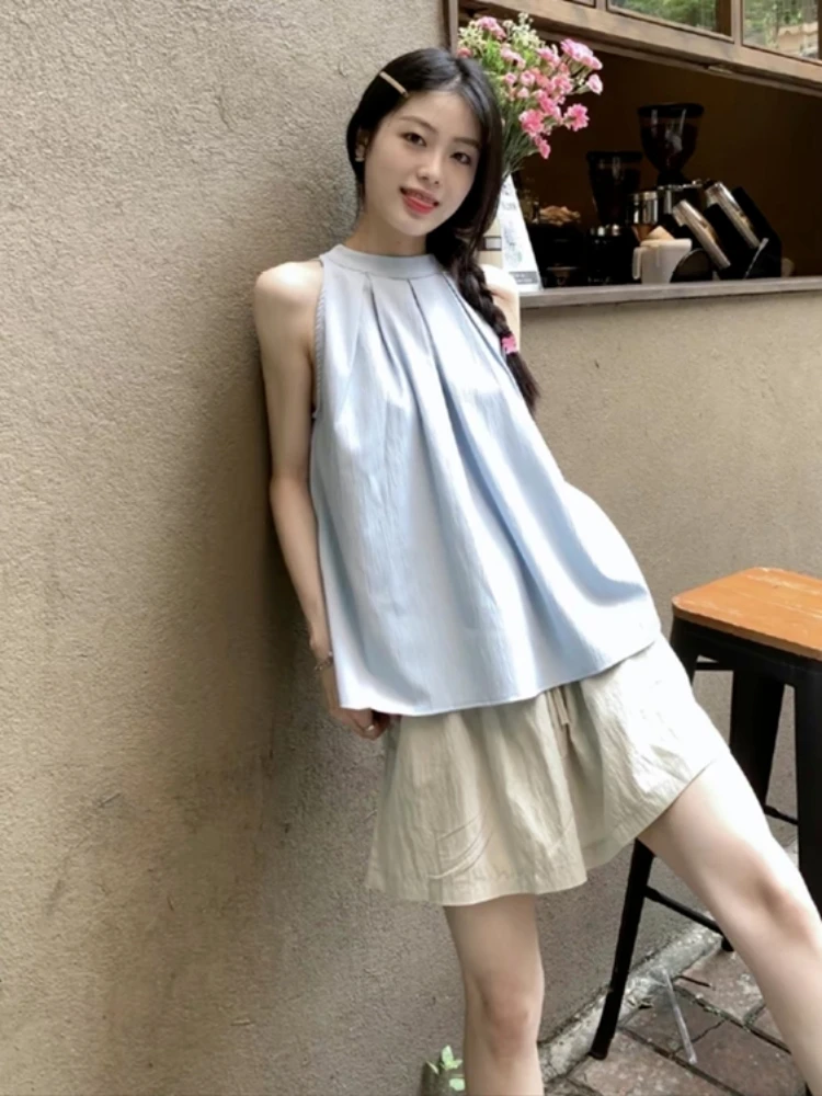 Summer Korean Style Blouses Women Temperament Solid Chic Soft Blusas Casual Simple Sleeveless Lady All-match Sweet Girlish Tops