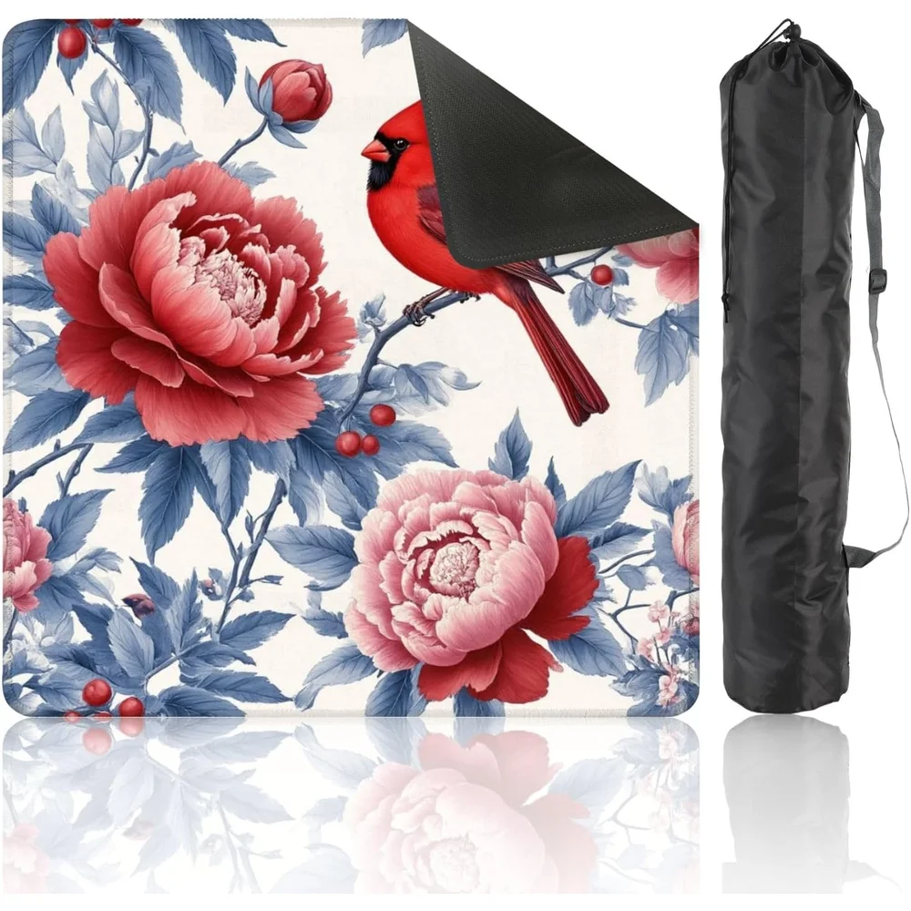 31.5 Inch Neoprene Luxury Mahjong Tablecloth 3mm Red Cardinal Bird Peony Botanical Print Non Slip Noise Reduction for Mahjong
